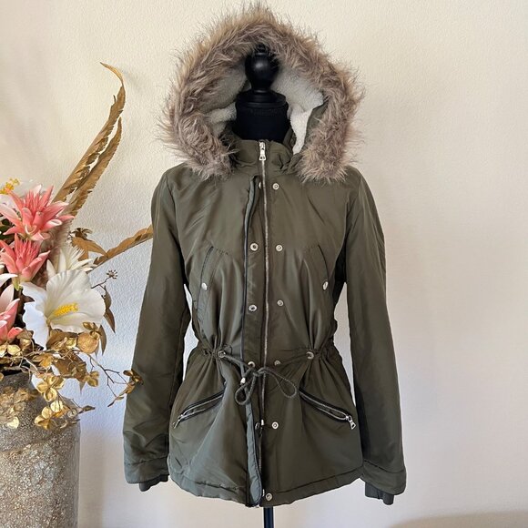 Y2K Miss London Black Label Olive Green Utility Jacket with Fur Trim Hood M - Picture 2 of 12